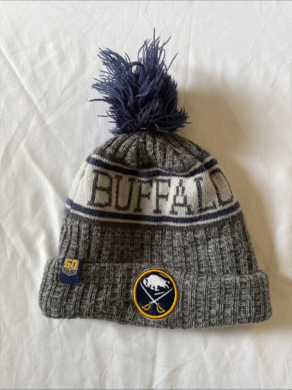 Buffalo Sabres Grey Pom Beanie Hat with Team Crest